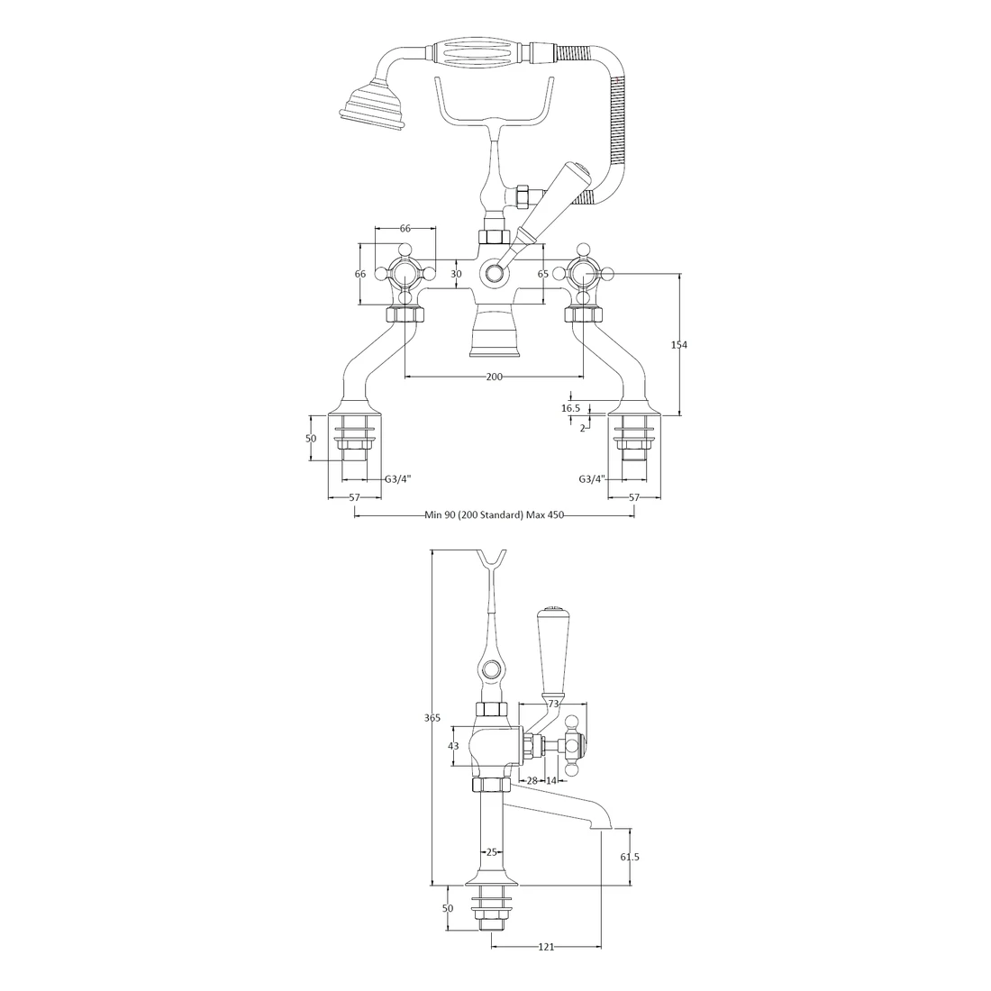 Bayswater White Bath Shower Mixer With Crosshead & Hex Collar 4 Bayswater White Bath Shower Mixer With Crosshead & Hex Collar - Image 2