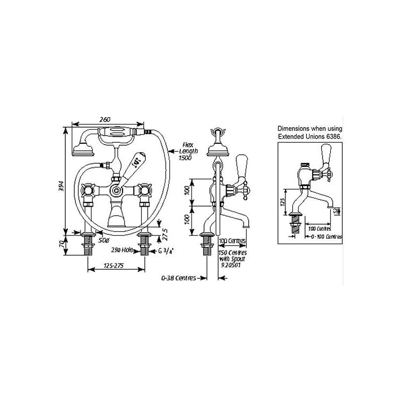Perrin & Rowe Traditional Bath Shower Mixer & Pillar Unions, Cross 4 Perrin & Rowe Traditional Bath Shower Mixer & Pillar Unions, Cross - Image 2